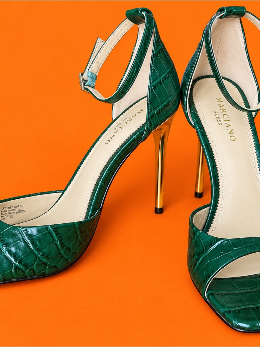 Marciano Green Croc-Embossed Ankle-Strap Stiletto with Gold Heel